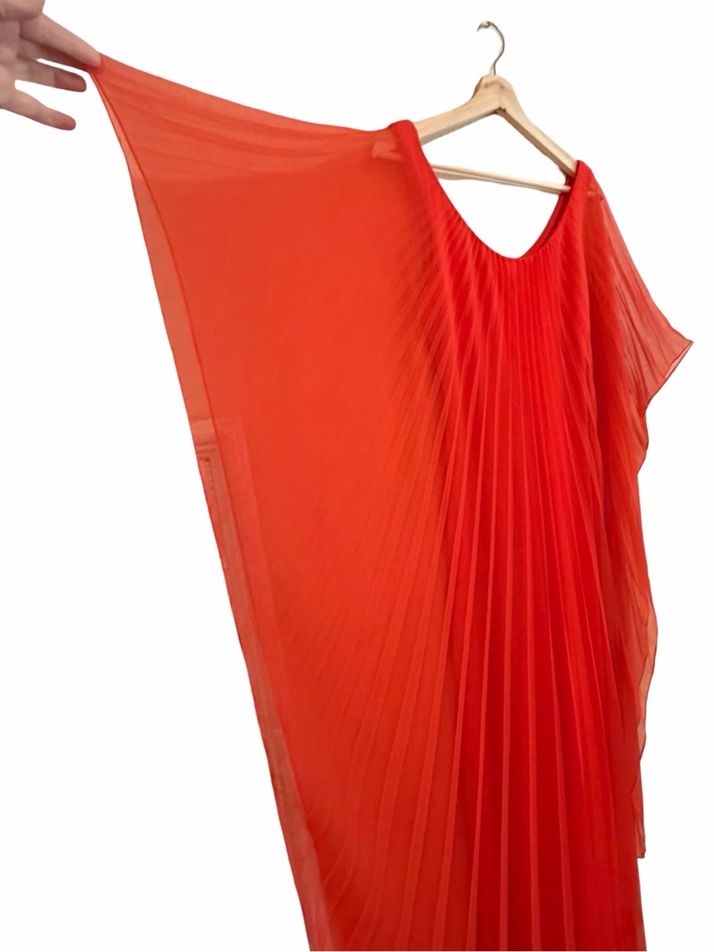 Vintage | Bright Orange Red Pleated Chiffon Goddess Dress - Picture 7 of 16